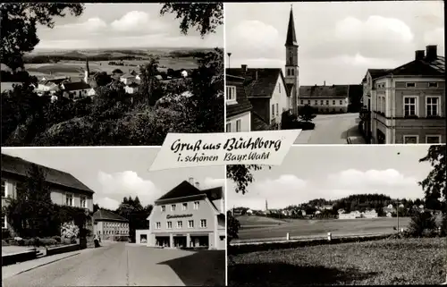 Ak Büchlberg in Bayern, Blick auf den Ort mit Umgebung, Straßenpartie mit Kirche, Geschäft