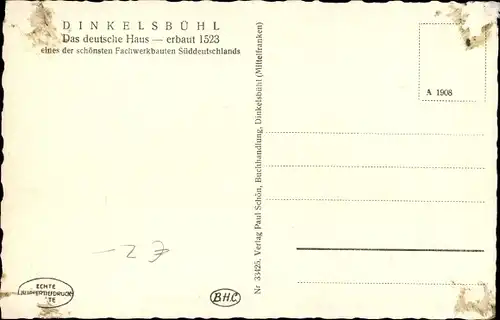 Ak Dinkelsbühl in Mittelfranken, Deutsches Haus, erbaut 1529, Fachwerkhaus