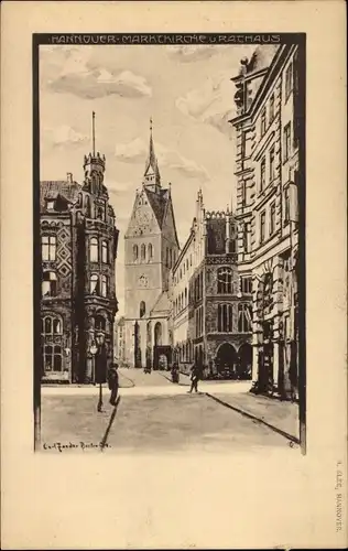 Künstler Ak Hannover, Straßenpartie mit Marktkirche und Rathaus