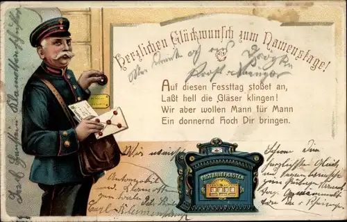 Präge Litho Glückwunsch Namenstag, Briefträger, Briefkasten, Briefe