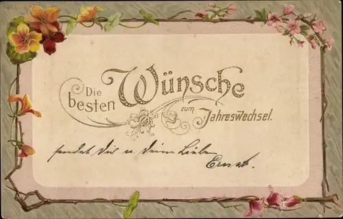 Präge Litho Glückwunsch Neujahr, Blühende Blumen