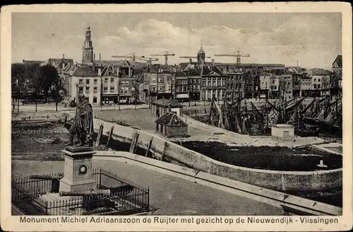 Ak Vlissingen Zeeland Niederlande, Denkmal Adrianszoon de Ruijter mit Blick auf den Nieuwendijk