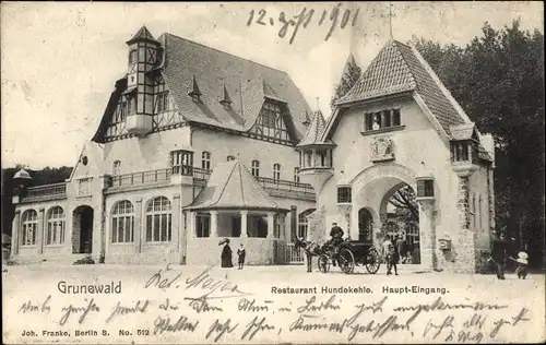 Ak Berlin Wilmersdorf Grunewald, Restaurant Hundekehle, Haupt-Eingang, Kutsche