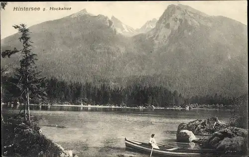 Ak Ramsau im Berchtesgadener Land Oberbayern, Hintersee, Blick gegen Hockalter, Ruderboot