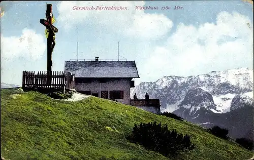Ak Garmisch Partenkirchen in Oberbayern, Wankhaus, Kreuz, schneebedeckte Gipfel, Panorama