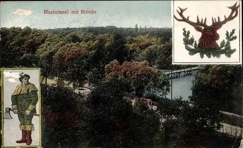 Ak Rheininsel mit Brücke, Hirsch, Mann mit Axt