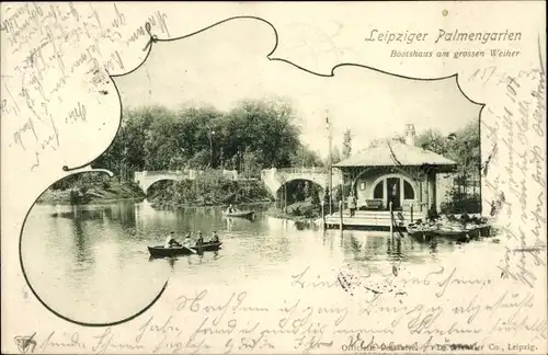 Ak Leipzig in Sachsen, Palmengarten, Großer Weiher, Bootshaus