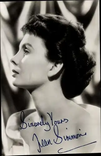 Foto Schauspielerin Jean Simmons, Seitenporait, Autogramm