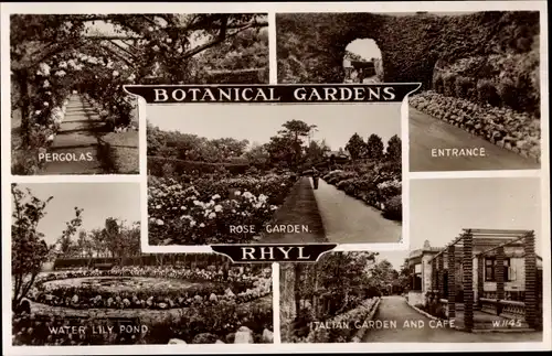 Ak Rhyl Wales, Botanischer Garten, Seerosenteich, Italienischer Garten, Café