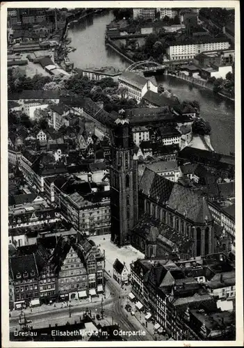 Ak Wrocław Breslau Schlesien, Fliegeraufnahme der Elisabethkirche mit Oderbrücke