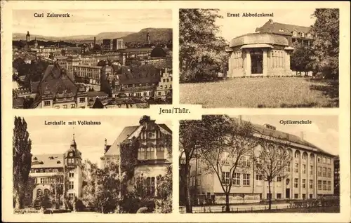 Ak Jena in Thüringen, Carl Zeisswerk, Ernst Abbedenkmal, Optikerschule, Volkshaus