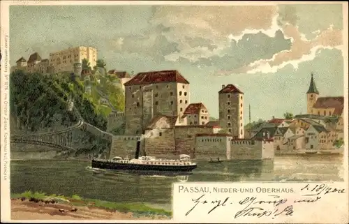 Litho Passau, Niederhaus und Oberhaus, Dampfer