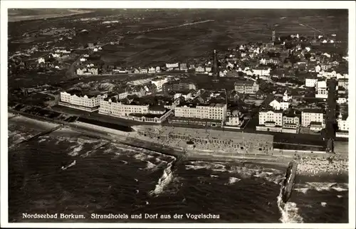 Ak Nordseebad Borkum in Ostfriesland, Strandhotels, Fliegeraufnahme, Brandung, Buhnen