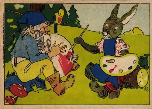 Ak Frohe Ostern, Osterhase bemalt Osterei, Zwerg, Vogel