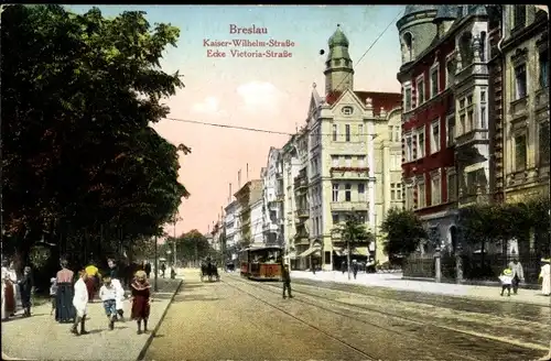 Ak Wrocław Breslau Schlesien, Kaiser Wilhelm Straße Ecke Victoria Straße, Straßenbahn