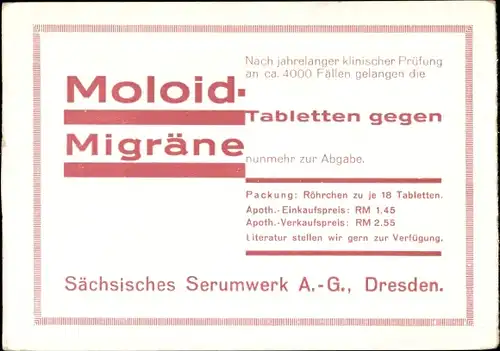 Ak Dresden, Sächsisches Serumwerk AG, Moloid Tabletten gegen Migräne, Reklame