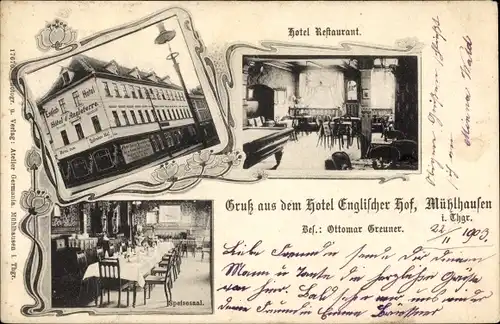 Ak Mühlhausen in Thüringen, Hotel Englischer Hof, Speisesaal