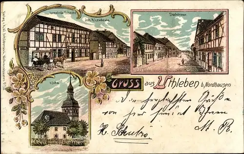 Litho Uthleben Heringen Helme Thüringen, Gemeindeschenke H. Leudewig, Dorfstraße, Kirche