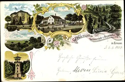 Litho Ernsee Gera in Thüringen, Restaurant zum Felsenkeller, Aussichtsturm