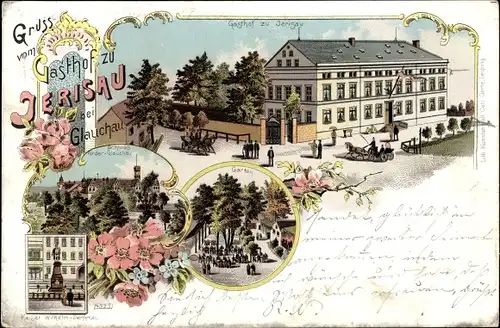 Litho Jerisau Glauchau an der Zwickauer Mulde in Sachsen, Gasthof, Garten, Schloss, Denkmal