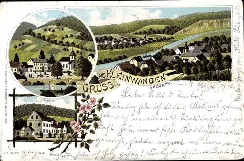 Litho Kleinwangen Nebra an der Unstrut im Burgenlandkreis, Totalansicht, Gasthaus