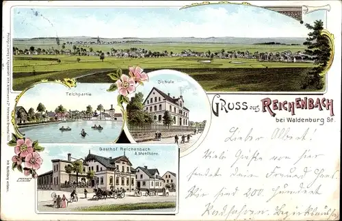 Litho Reichenbach bei Waldenburg Callenberg in Sachsen, Teich, Schule, Gasthof