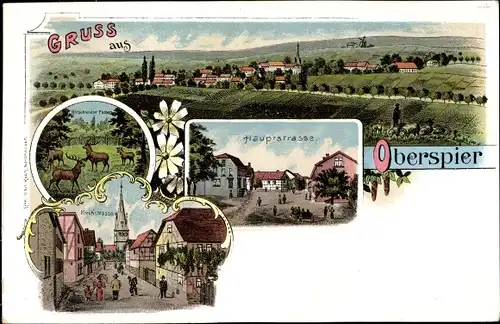 Litho Oberspier Sondershausen im Kyffhäuserkreis Thüringen, Hauptstraße, Hirsche