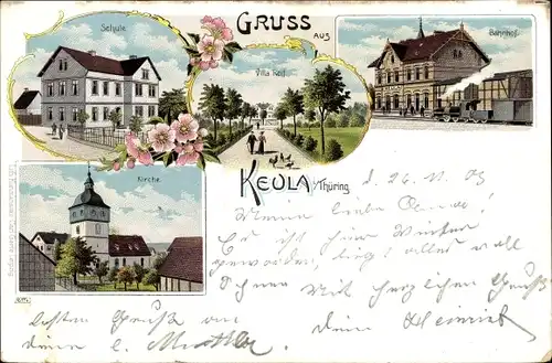 Litho Keula Helbedündorf in Thüringen, Kirche, Bahnhof, Schule