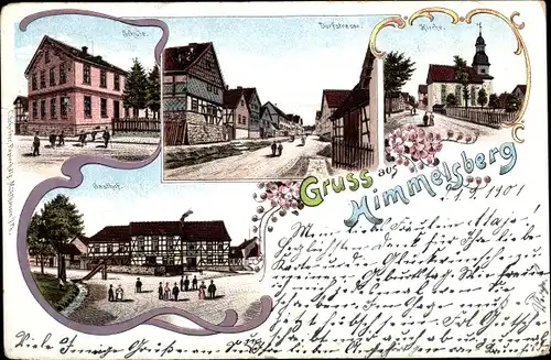 Litho Himmelsberg Sondershausen im Kyffhäuserkreis Thüringen, Schule, Dorfstraße, Kirche, Gasthof