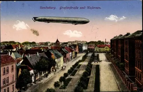 Ak Rendsburg in Schleswig Holstein, Zeppelin, Grafenstraße, Kasernen