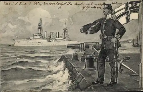 Ak Wilhelmshaven an der Nordsee, Kriegsschiff, Deutscher Soldat in Uniform, Kaiserliche Marine