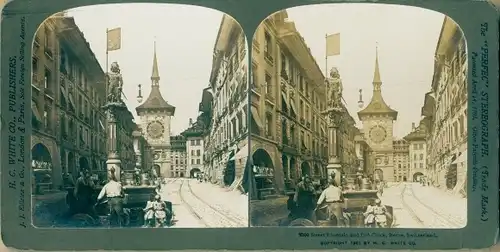 Stereo Foto Bern Stadt Schweiz, Straßenbrunnen und Zeitglockenturm