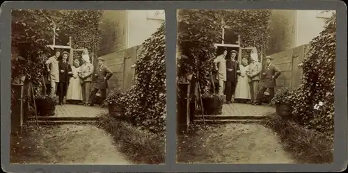 Stereo Foto Delft Südholland Niederlande, Personen vor einem Wohnhaus, 1913