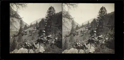 Stereo Foto Zermatt Kt. Wallis Schweiz, Landschaft, Wanderer, 1908
