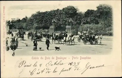 Ak Paris XVI, Bois de Boulogne, Eingang, Porte Dauphine, Kutschen