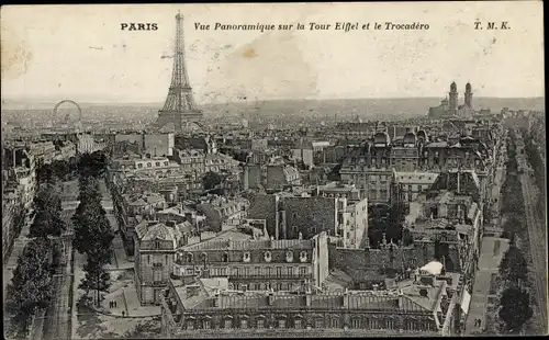 Ak Paris VII, La Tour Eiffel, Eiffelturm, Trocadero, Panorama