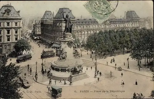 Ak Paris III, Place de la République, Denkmal, Straßenbahn