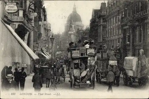 Ak London City England, Fleet Street, Schild Liverpool Post & Mercury, Verkehr