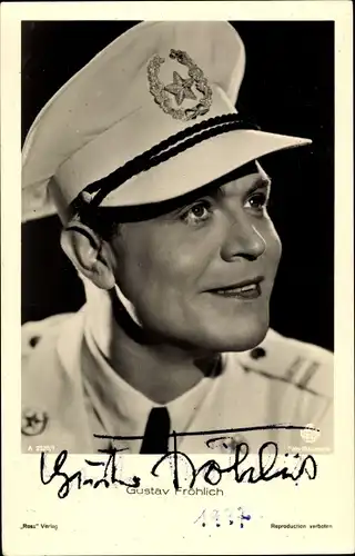 Ak Schauspieler Gustav Fröhlich, Portrait, Uniformmütze, Autogramm