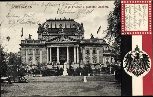Ak Wiesbaden in Hessen, Kgl. Theater, Schiller-Denkmal