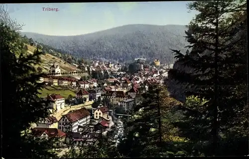 Ak Triberg im Schwarzwald, Panoramablick auf den Ort vom Berg aus