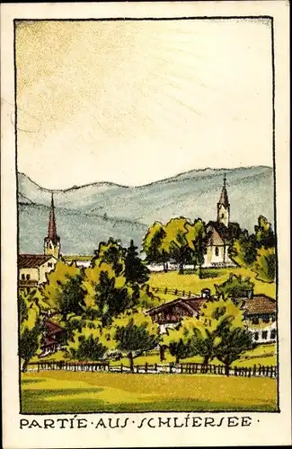 Künstler Ak Schliersee in Oberbayern, Teilansicht, Kirchen