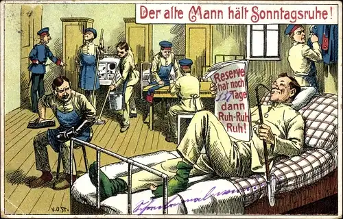 Ak Der alte Mann hält Sonntagsruhe, deutsche Soldaten putzen die Stube, Reserve, Kaiserreich