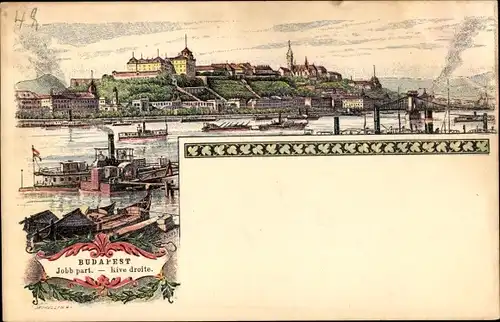 Ganzsachen Litho Budapest Ungarn, Jobb part, Blick auf den Ort, Dampfer