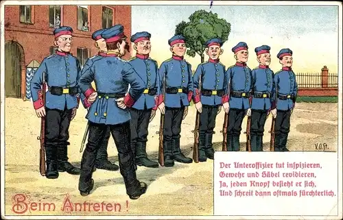 Künstler Ak Beim Antreten, Unteroffizier, Inspektion, Deutsche Soldaten in Uniformen