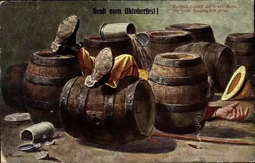 Künstler Ak Kraus, A., Betrunkener, Bierfässer, Bierkrug