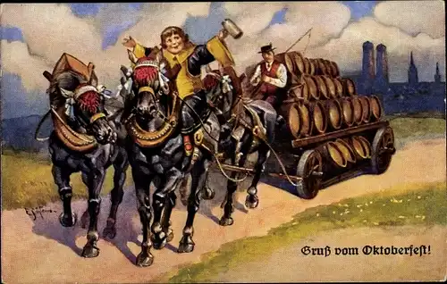 Künstler Ak Schlemo, E., Oktoberfest, Münchner Kindl, Bierwagen, Pferde, Mathäserbräu