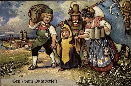Künstler Ak Oktoberfest, Münchner Kindl, Frau mit Bierkrügen, Fass