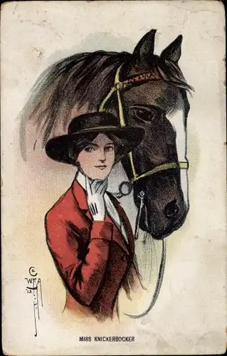 Künstler Ak Frau Knickerbocker, Portrait, Pferd