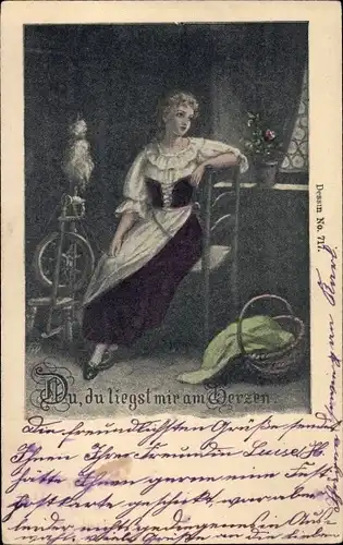 Litho Verliebte Frau, Volkstracht, Liebe, Spinnrad, Du liegst mir am Herzen